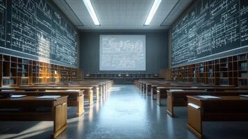 A long room with tables and chairs in front of a chalkboard photo