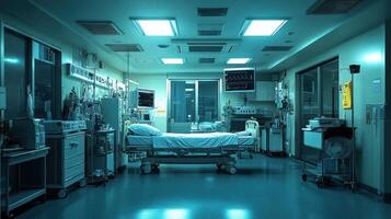 A hospital room with a bed and a medical machine photo
