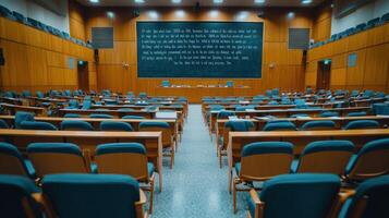 A large room with rows of chairs and a blackboard photo