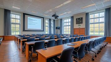 A large conference room with rows of chairs and a projector screen photo