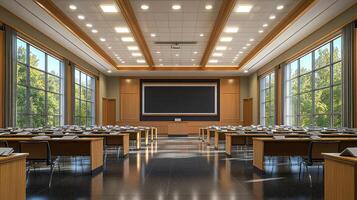 A large empty room with a large screen and lots of tables photo