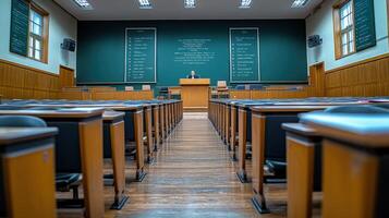 Empty lecture hall with rows of chairs and a green wall photo