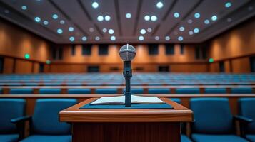 Microphone in a conference hall with blue chairs photo