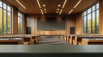 A large lecture hall with wooden walls and large windows photo