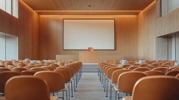 Empty auditorium with wooden chairs and projector screen photo