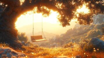 A swing under an old tree in the middle of a field photo