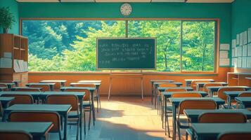 Empty classroom with blackboard and chairs photo