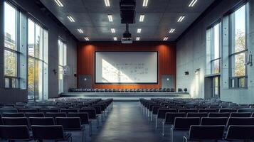 Empty auditorium with large windows and a projector screen photo