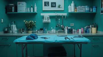 A room with a desk, a sink, and a mirror photo