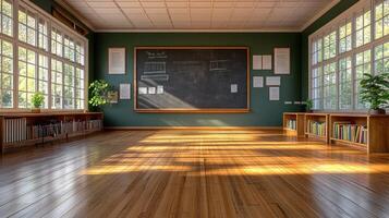 A room with wooden floors and a chalkboard photo