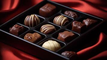 A black box with chocolates on a red cloth photo