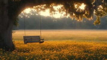 A swing hanging from a tree in a field of yellow flowers photo