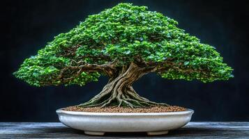 Bonsai tree in a pot on a dark table photo