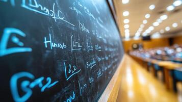 A classroom full of people sitting in front of a chalkboard photo