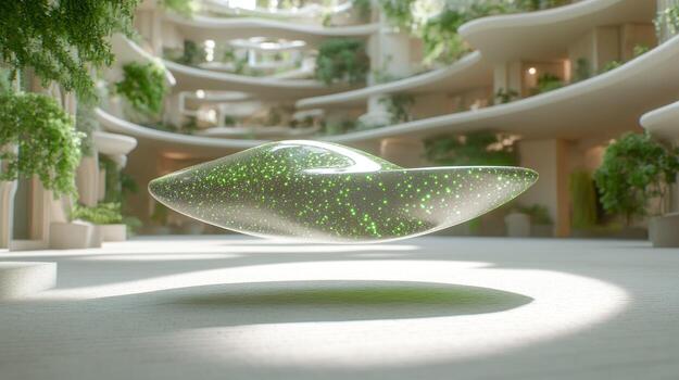 A futuristic object in a building with plants photo