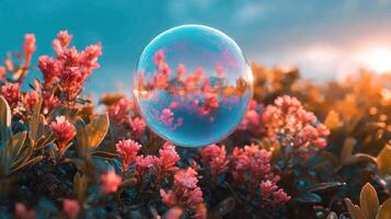 A bubble floating in the air over flowers photo