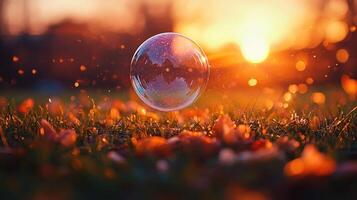 A bubble floating in the grass at sunset photo