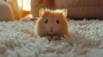 A small hamster sitting on top of a fluffy rug photo
