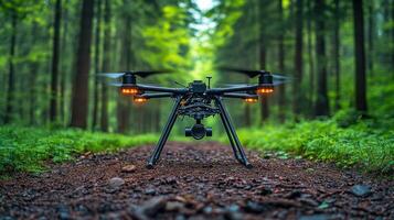 A drone is flying through the woods photo