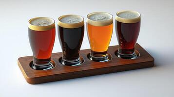 Three different types of beer are on a wooden tray photo
