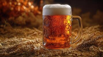 A beer mug sitting on top of a pile of wheat photo