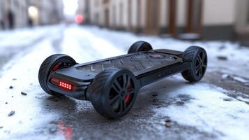 A toy electric skateboard on the street in the snow photo