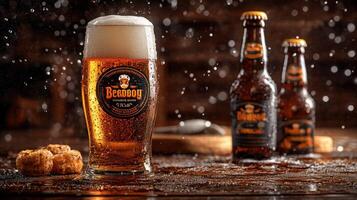 Beer and bottles on a table with rain photo
