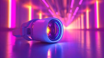 A spotlight is shown in a dark tunnel with neon lights photo
