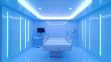 A hospital room with blue lights and a bed photo