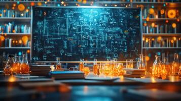 A laboratory with a chalkboard and a lot of glasses photo