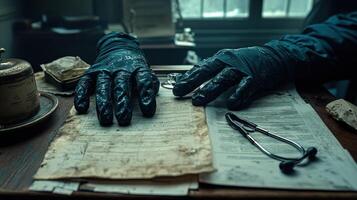 A person wearing gloves and a pair of scissors on a desk photo
