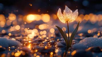 A single white flower is standing in the water with snow photo