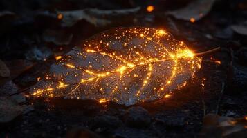 A leaf with glowing lights on it photo