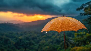 An umbrella with rain drops on it in front of a forest photo
