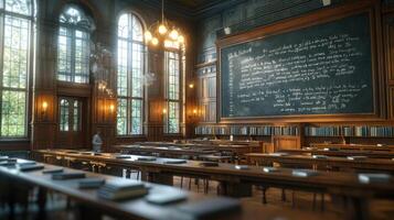 An empty classroom with a chalkboard on the wall photo