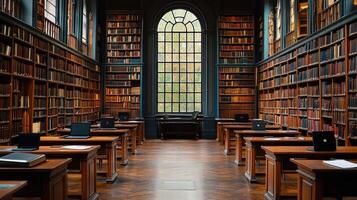 A library with many bookshelves and a large window photo