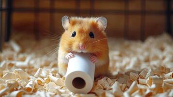 A hamster holding a roll of toilet paper photo