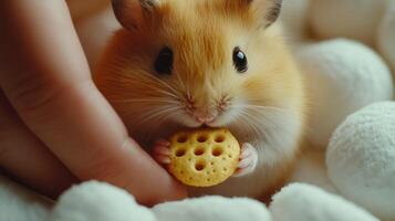 A hamster eating a cookie in a person's hand photo