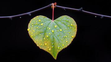 A green leaf with water droplets hanging from it photo