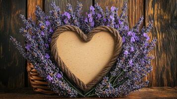 Lavender flowers in a basket with a heart shape frame on a wooden background photo
