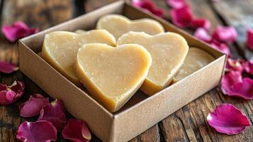 Three heart shaped soap bars in a box on a wooden table photo