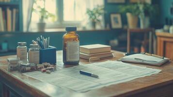 A table with a bottle of medicine, a pen and a notebook photo