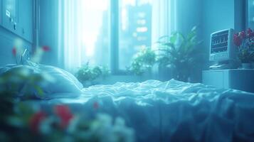 A bed with a white sheet and a plant in front of it photo