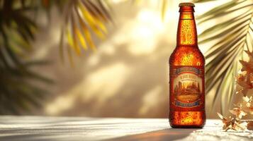 A bottle of beer sitting on a table next to palm leaves photo
