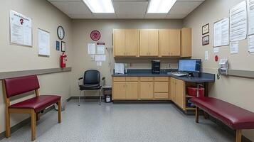 A medical office with a desk and chairs photo