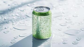 A can of soda sitting on a table with water droplets photo