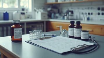 A table with bottles and medicine on it photo