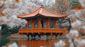 An orange pagoda sits in the middle of a lake photo