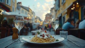 A plate of spaghetti and wine on a table in an outdoor restaurant photo