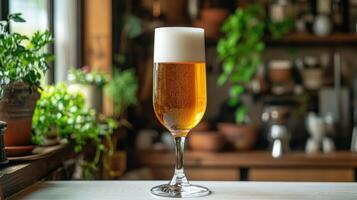A glass of beer sitting on a table in front of a window photo